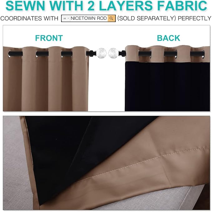 NICETOWN 100% Blackout Curtains Thermal, Noise Cancellation and Privacy Truly Blackout Curtains for Patio Door, Black Lined Blackout Drapes with Grommet Top, Cappuccino, 1 Pair, W42 x L84