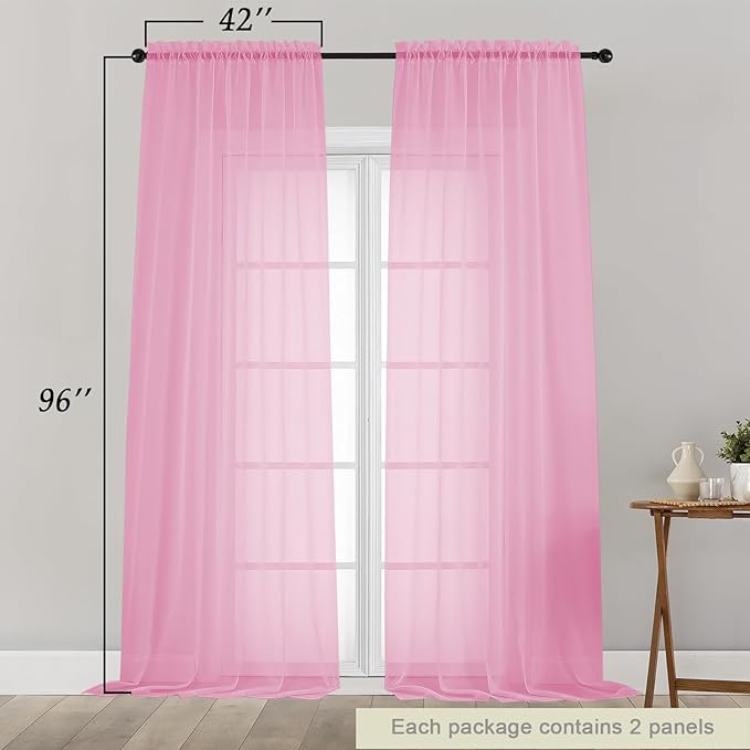 Pink Sheer Curtains for Bedroom Living Room 96 Inches Long 2 Panels, Modern Airy Soft Lightweight Rod Pocket Light Filtering Sheer Curtains Drapes, Pink, Each 42" Wx96 L Inch