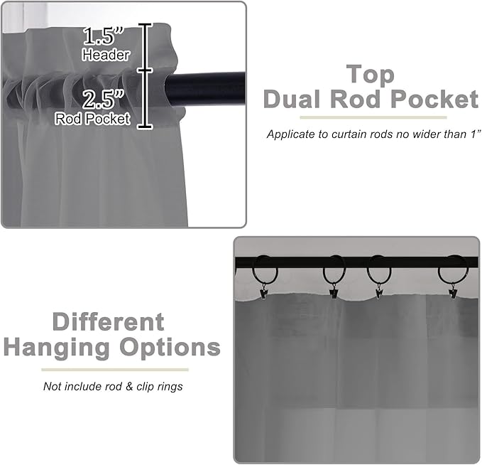 Kitchen Curtains 24 Inch Length Tier 2 Pieces, Grey Sheer Curtain Solid Soft Sheer Short Curtains for Windows, Cafe Bathroom Basement Rod Pocket Drapes, Grey, Each 42" Wx24 L Inch