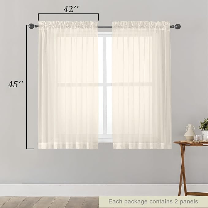 Cream Sheer Curtains for Bedroom Living Room 45 Inch Length 2 Panels, Soft Airy Light Filtering Small Kitchen Window Curtains, Rod Pocket Short Curtain Drapes, Cream, 42" Wx45 L Inches