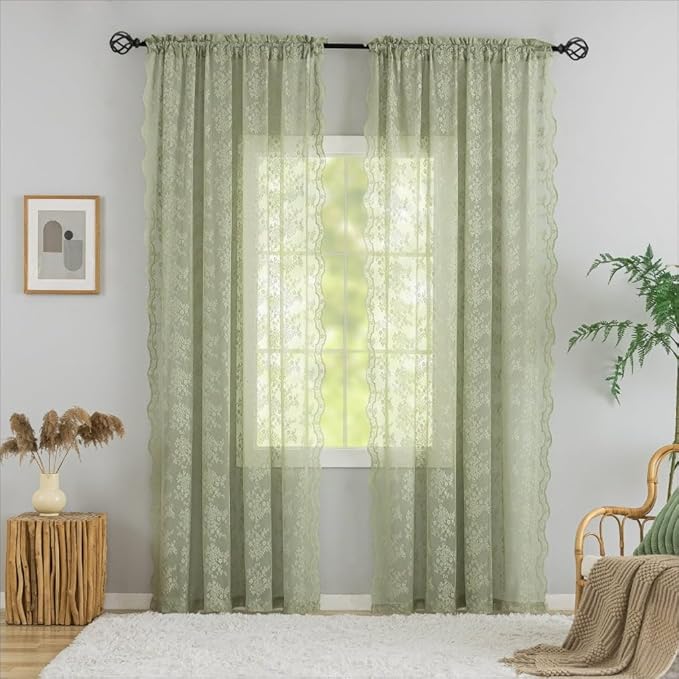 YJ YANJUN Vintage Lace Curtains 84 Inch Long- Victorian Floral Pattern Sheer Sage Green Curtains for Bedroom Living Room Kitchen Hallway 2 Panels Set Rod Pocket Spring Summer Boho Decor 52Wx84L