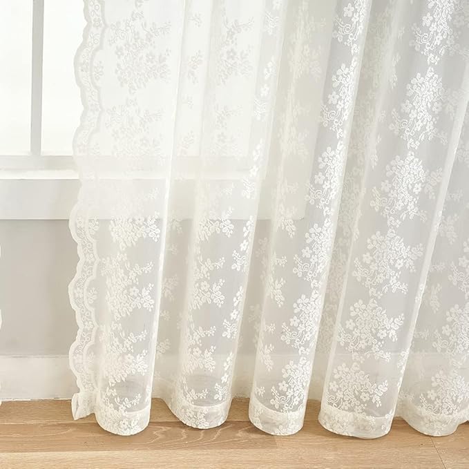 YJ YANJUN Vintage Lace Curtains - Fancy Flower Pattern Ivory 102 Inch Long Curtain Panels for for Patio Sliding Door Bedroom Counrty Cream Light Filtering Drapes 2 Panels Set,52x102 Inch Off White