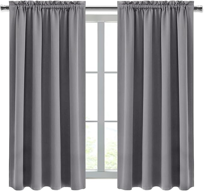 DWCN Blackout Curtains Thermal Insulated Energy Saving Bedroom and Kitchen Curtains Window Treatments, W 38 x L 45 Inch, Set of 2 Grey Rod Pocket Drapes
