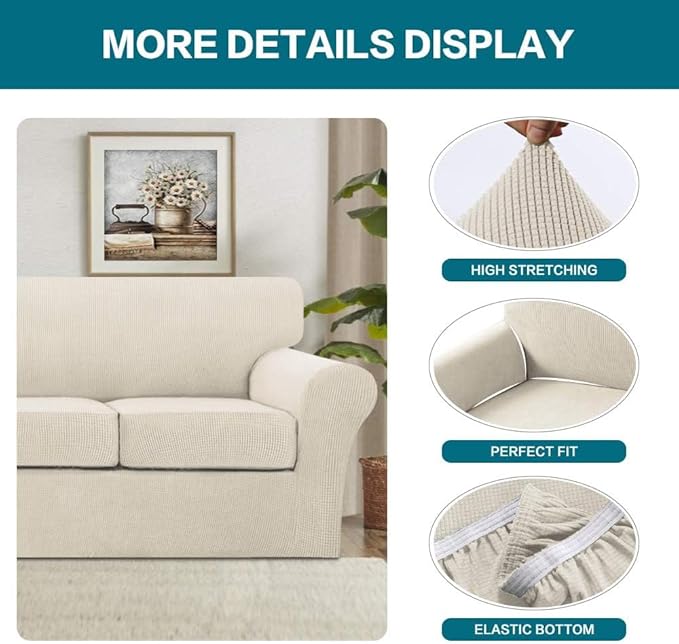 Turquoize 3 Piece Sofa Covers for 2 Cushion Couch Sofa Slipcover Soft Cover for Dogs-Washable Furniture Covers with 2 Individual Cushion Covers, Feature Jacquard Fabric(Loveseat, Biscotti Beige)