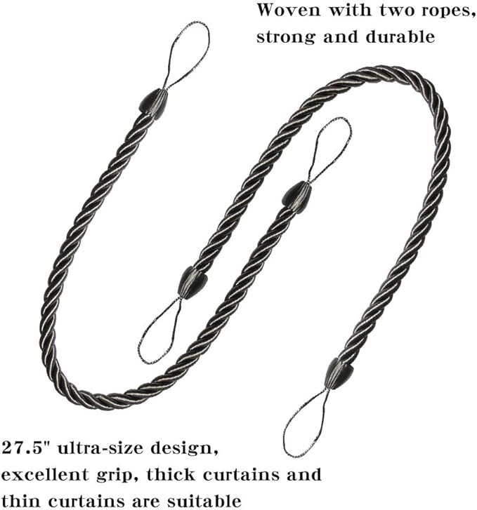 BEL AVENIR Curtain Rope Tiebacks, Drapery Rope Holdbacks with 4 Metal Screw Hooks (Charcoal-4pack)