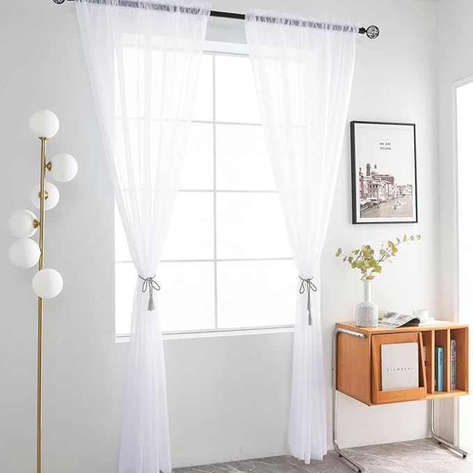 youleyar Sheer Rod Pocket Curtain Voile Draperies 2 Panels White Beige Black Grey Coffee 52 Inch Width 54 Inch Long 1 Pair for Kitchen Bedroom Children Living Room Yard (Optical White,52Wｘ54L)