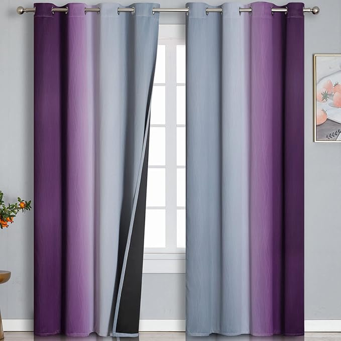 Estelar Textiler Purple and Grey Ombre Blackout Curtains 102 Inches Long for Bedroom, Thermal Insulated Full Room Darkening Grommet Gradient Drapes for Living Room, 52Wx102L, 2 Panels