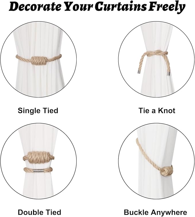BEL AVENIR Magnetic Jute Curtain Tiebacks, Decorative Drapery Holdbacks Bohemian Style Woven Tie-Backs with Exquisite Knot (Jute, 4 Pack)
