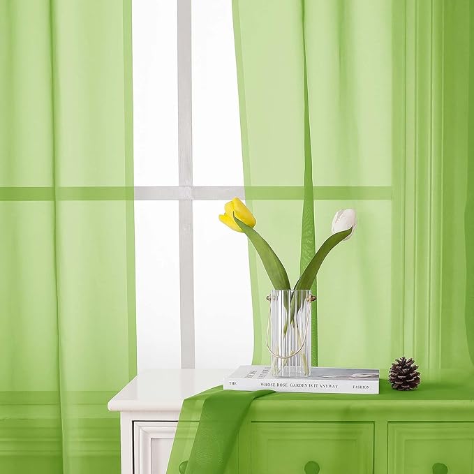 Lecloud Lime Sheer Curtains 63 Inch Length 2 Pcs, Lightweight Solid Transparent Window Curtains for Bedroom, Dual Rod Pocket Modern Farmhouse Decor Drapes for Living Room, Each Panel 42" W x 63" L