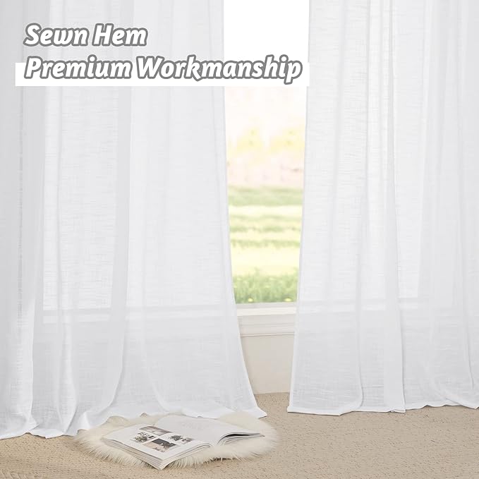 RYB HOME White Sheer Curtains Linen Texture Window Panels, Semi Sheer Light Filetring Rod Pocket & Back Tab Drapes for Bedroom, 52 x 84 inches, Pack of 2