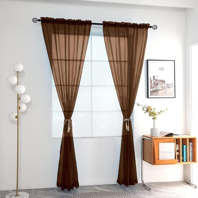 youleyar Solid Sheer Rod Pocket Curtain Voile Draperies 2 Panels White Beige Black Grey Coffee 52 Inch Width 63 Inch Long 1 Pair for Kitchen Bedroom Children Living Room Yard (Brown,52Wｘ63L)