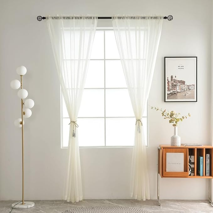 SpaceDresser Ivory Sheer Curtains 4 Panels Rod Pocket Semi-Sheer Curtain 45 Inches Long Light Filtering Voile Window Drapes for Bedroom Living Room Kitchen, Each 52W x 45L