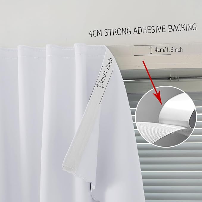 self Adhesive Curtains Portable Blackout Curtain Simple and Easy to Install Bedroom Window Thermal Lnsulated Kitchen Room Darkening Black Small Drapes, 47" W X 59" L, White, 1 Panel