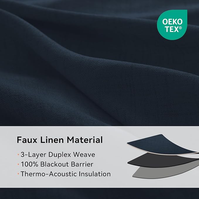 100% Blackout Shield Linen Blackout Curtains for Bedroom, Navy Blue Grommet Curtains for Living Room, Thermal Insulated Room Darkening Drapes for Nursery, Boho Home Decor, 50" W x 96" L, 2 Panels