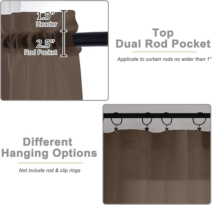 Sheer Chocolate Curtains for Bedroom Living Room 90 Inches Long 2 Panels Set, Soft Airy Light Filtering Sheer Window Treatments, Modern Rod Pocket Curtains Drapes, Each 42" Wx90 L Inch