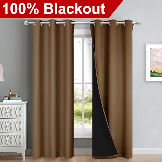 NICETOWN Blackout Curtains 80 inches Long, Gold Brown, 2 Pieces, 42" Wide Each Panel, Full Light Blocking Drapes with Black Liner for Nursery, Thermal Insulated Draperies for Hall, Villa