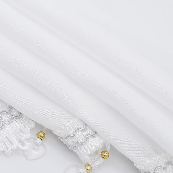 Molaxhome Swag Curtain 51 inch Length Rod Pocket Scalloped Curtain Valance Sheer Lace Panels with Hanging Crystal Beads for Kitchen Bedroom Window Treatments Drape Decor 1pc (Cloth White, 51Wx23L)