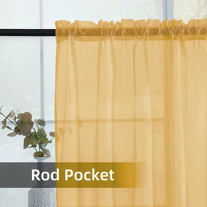 youleyar Solid Sheer Rod Pocket Curtain Voile Draperies 2 Panels White Beige Black Grey Ivory 52 Inch Width 96 Inch Long 1 Pair for Kitchen Bedroom Children Living Room Yard (Gold,52Wｘ96L)