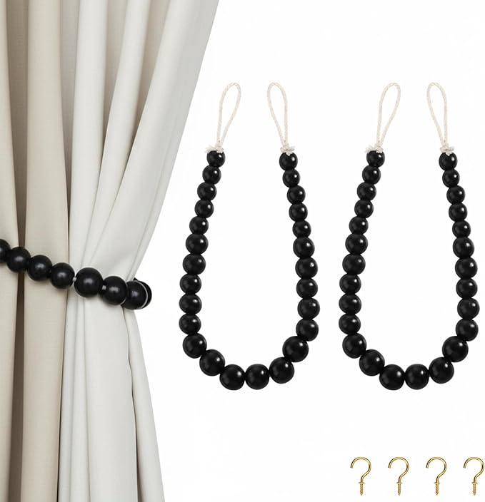 Hion 2 Pcs Boho Curtain Tiebacks,Wood Beads Curtain Holdbacks,Outdoor Farmhouse Tie Backs for Curtains,Curtain Holders for Drapes Home Office Room Decor with Hooks(Black)