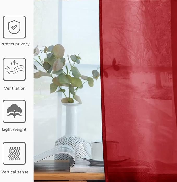youleyar Solid Sheer Rod Pocket Curtain Voile Draperies 2 Panels White Beige Black Grey Ivory 52 Inch Width 108 Inch Long 1 Pair for Kitchen Bedroom Children Living Room Yard (Christmas Red,52Wｘ108L)