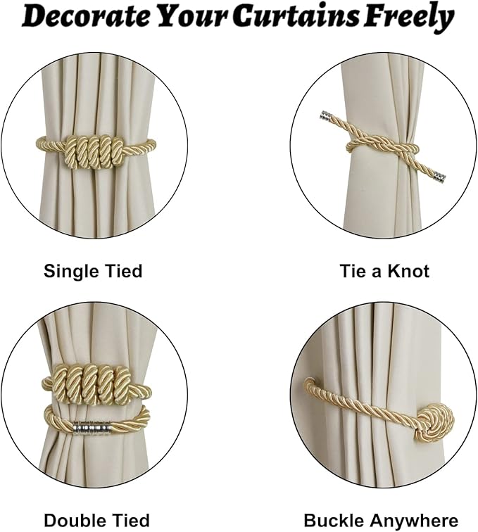 BEL AVENIR Magnetic Curtain Tiebacks, Decorative Drapery Holdbacks Modern Woven Tie-Backs with Exquisite Knot (Gold, 4 Pack)