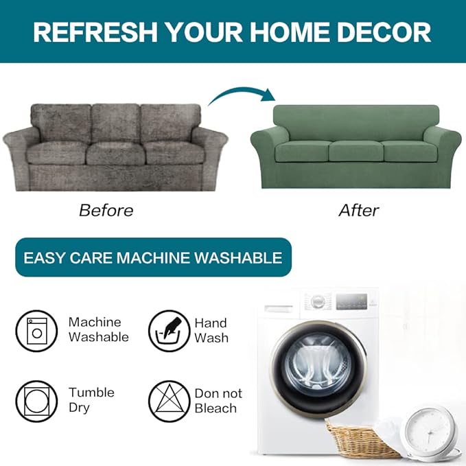 Turquoize 4 Piece Sofa Covers for 3 Cushion Couch Sofa Slipcover Soft Couch Cover for Dogs-Washable Sofa Furniture Covers with 3 Individual Large Cushion Covers, Feature Fabric (XL Sofa, Loden Frost)
