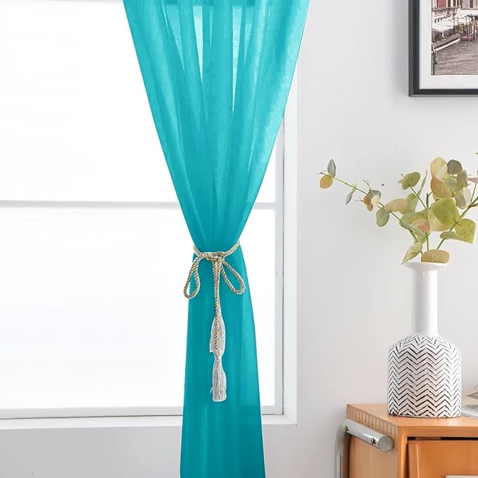 SpaceDresser Sheer Voile Window Treatment Rod Pocket Curtain Panels for Kitchen Bedroom Living Room Drapes Sunlight Filtering Privacy Semi Home Decor Assorted (Peacock Blue, 52 W x 90 L)