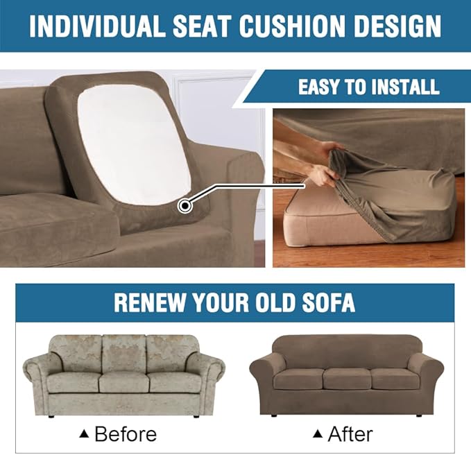 H.VERSAILTEX Modern Velvet Plush 4 Piece High Stretch Sofa Slipcover Furniture Protector Form Fit Velvet Extra Large Sofa Cover for 3 Cushion Couch Width Up to 105 Inch (XL Sofa, Mocha)