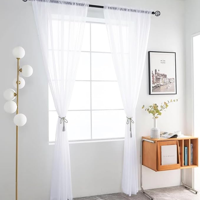 youleyar Solid Sheer Rod Pocket Curtain Voile Draperies 4 Panels White Beige Black Grey Ivory 52 Inch Width 63 Inch Long 1 Pair for Kitchen Bedroom Children Living Room Yard(Optical White,52 Wｘ63 L)