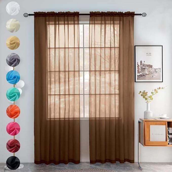 youleyar Solid Sheer Rod Pocket Curtain Voile Draperies 2 Panels White Beige Black Grey Coffee 52 Inch Width 54 Inch Long 1 Pair for Kitchen Bedroom Children Living Room Yard (Brown,52Wｘ54L)