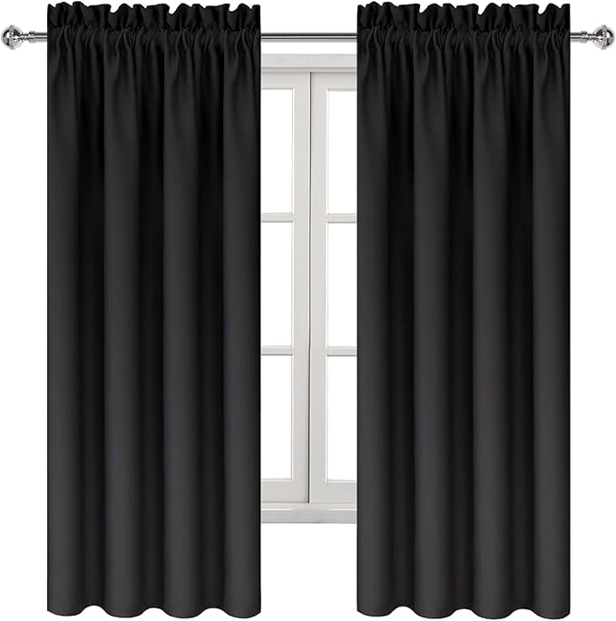 DWCN Blackout Curtains for Bedroom - Thermal Insulated Privacy Energy Saving Rod Pocket Drapes for Living Room, W 38 x L 63 Inch, Black, Set of 2