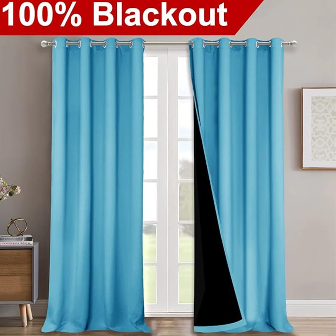 NICETOWN 100% Blackout Curtains for Windows, Pack of 2, Teal Blue, 52" W x 120" L, Super Heavy-Duty Black Lined Total Darkness Drapes for Bedroom, Privacy Assured Window Treatment for Patio