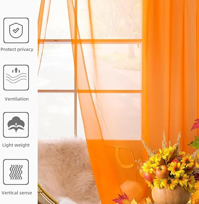 youleyar Solid Sheer Rod Pocket Curtain Voile Draperies 2 Panels White Beige Black Grey Coffee 52 Inch Width 45 Inch Long 1 Pair for Kitchen Bedroom Children Living Room Yard (Orange,52Wｘ45L)