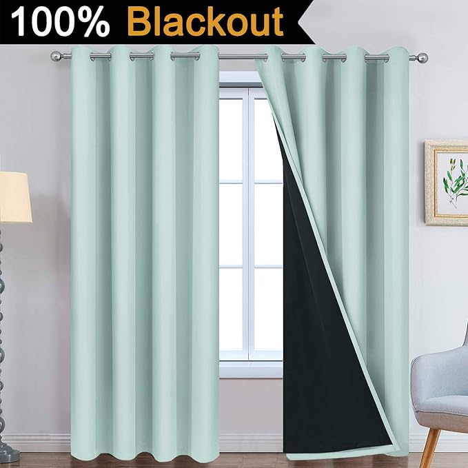 Yakamok 100% Blackout Lined Pair Curtains, Window Treatment Thermal Insulated Soundproof Drapes for Bedroom(52Wx84L, Aqua, 2 Panels)