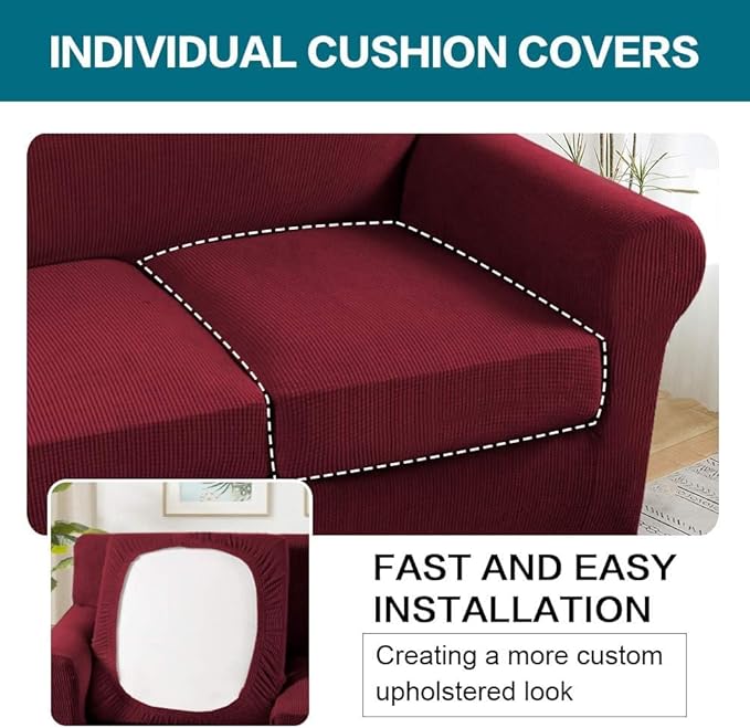 Turquoize 4 Piece Sofa Covers for 3 Cushion Couch Sofa Slipcover Soft Couch Cover for Dogs Washable Furniture Cover with 3 Individual Large Cushion Covers Feature Fabric (Large Sofa, Burgundy)