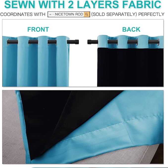 NICETOWN Insulated 100% Blackout Curtains, Noise Reducing Performance Drapes with Black Lining, Full Light Blocking Draperies for Overnight Shift Worker (Teal Blue, 1 Pair, 70 inches x 108 inches)