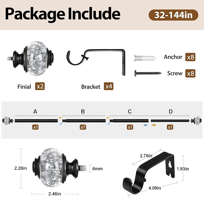 USFOOK 7/8 inch Curtain Rods for Windows 66 to 120 Inch, Telescoping Splicing Drapery Rods, Decoration for Home with Black Decorative Translucent Finials