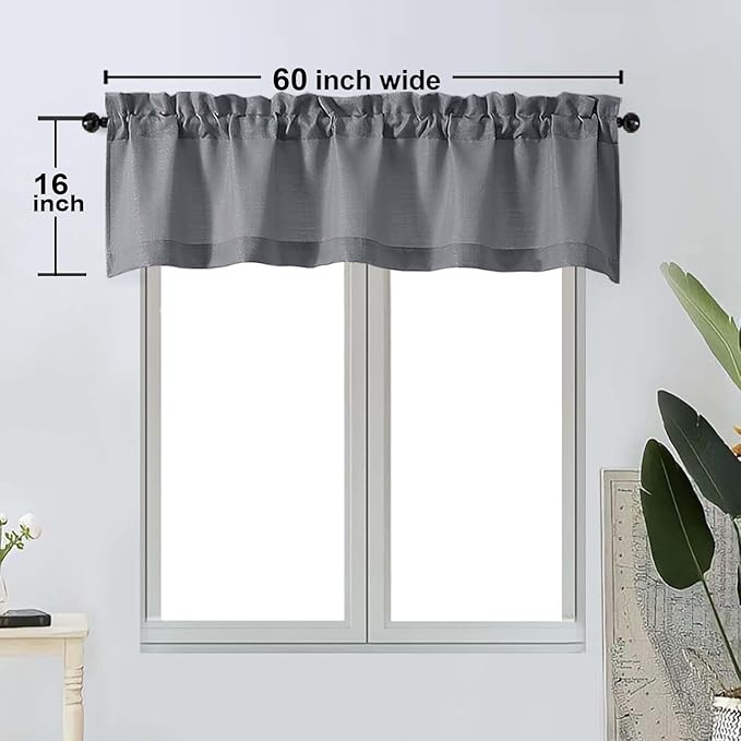 OWENIE Bob 1 PCS Dark Grey Valances for Windows, Faux Linen Textured Kitchen Window Curtains Valance for Bedroom Living Room, Modern Soft Airy Solid Rod Pocket Bathroom Cafe Curtain, 60Wx16L Inch