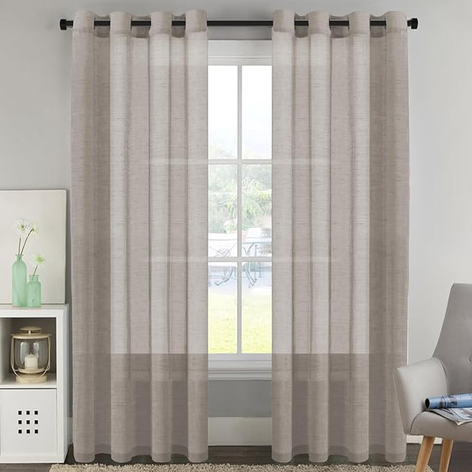 H.VERSAILTEX Natural Linen Curtains Soft Linen Semi Sheer Curtains for Living Room Window Privacy Translucent Ultra Elegant Linen Textured Drapes for Bedroom (52 by 96 Inch, Set of 2, Taupe)