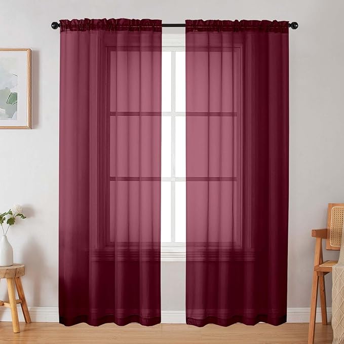 Burgundy Sheer Curtain for Bedroom Living Room 72 Inches Long 2 Panels Set, Solid Soft Airy Light Filtering Sheer Window Curtains, Modern Rod Pocket Door Curtain, Burgundy, 42" Wx72 L Inches