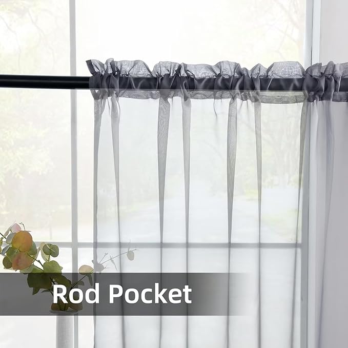 youleyar Solid Sheer Rod Pocket Curtain Voile Draperies 2 Panels White Beige Black Ivory Grey 26 Inch Width 24 Inch Long 1 Pair for Kitchen Bedroom Children Living Room Yard(Grey,26W x 24L)