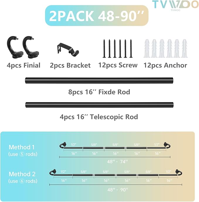 TVWOO 2 Pack Wrap Around Curtain Rods,Black Curtain Rods 48 to 84 Inch,5/8 Inch Adjustable Blackout Curtain Rod Set,Room Darkening Window Rod,Metal Thicken Hidden Curved Drapery Rod 48-90",Matte Black