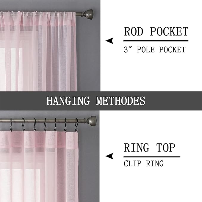 Tollpiz Sheer Curtain Linen Textured Bedroom Curtains Sheer Light Filtering Rod Pocket Voile Curtain for Living Room, 54 x 95 inches Long, Pink, Set of 2 Panels