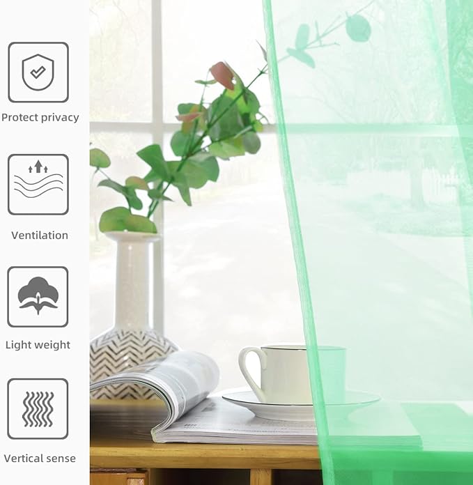 youleyar Solid Sheer Rod Pocket Curtain Voile Draperies 2 Panels White Beige Black Grey Coffee 52 Inch Width 90 Inch Long 1 Pair for Kitchen Bedroom Children Living Room Yard (Light Green,52Wｘ90L)