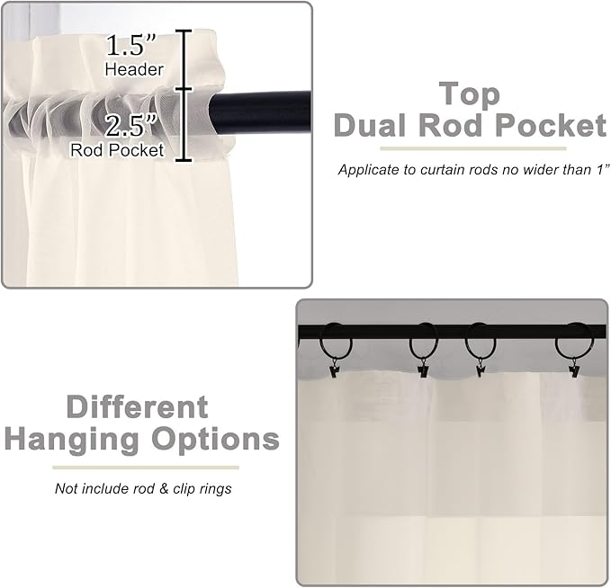 Extra Long Sheer Cream Curtains for Bedroom Living Room 120 Inches Long 2 Panels Set, Solid Soft Light Filtering Rod Pocket Sheer Window Curtains, Cream, Each 42" Wx120 L Inch