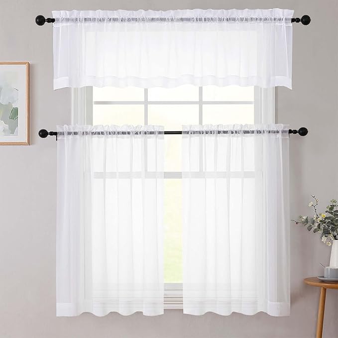 Kitchen Curtains 24 Inch Length Tier 2 Pieces, White Sheer Curtain Solid Soft Sheer Short Curtains for Windows, Cafe Bathroom Basement Rod Pocket Drapes, White, Each 42" Wx24 L Inches