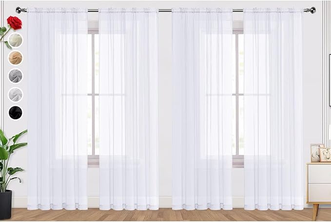 SpaceDresser Optical White Sheer Curtains 4 Panels Rod Pocket Semi-Sheer Curtain 108 Inches Long Light Filtering Voile Window Drapes for Bedroom Living Room Kitchen, Each 52W x 108L