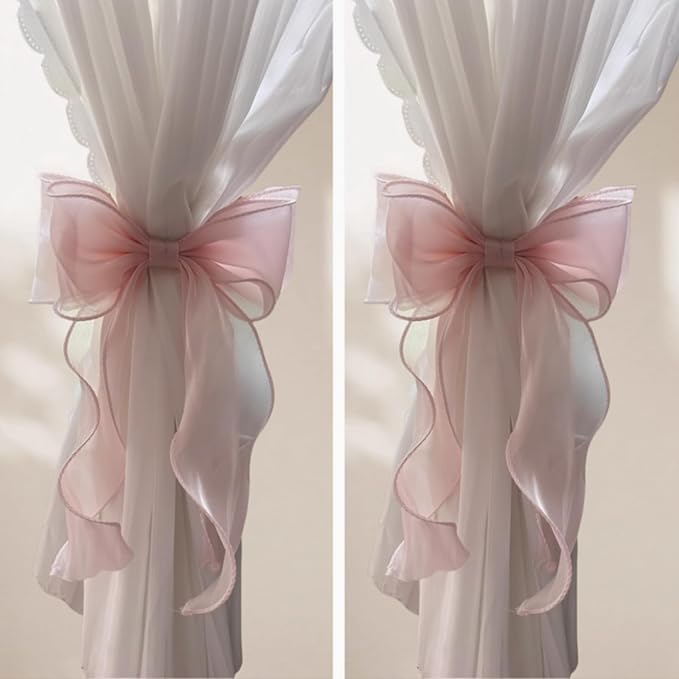 2 Pack French Silky Bow Curtain Tiebacks, Elegant Lace Ribbon for Curtains Decorative Rope Accessories Home Décor (White,2)