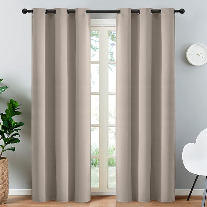 Yakamok Room Darkening Blackout Curtains Thermal Insulated Grommet Curtain Panels for Bedroom, 38W x 90L, Natural, 2 Panels