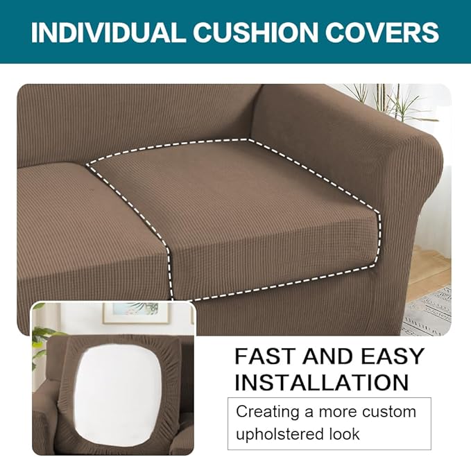 Turquoize 4 Piece Sofa Covers for 3 Cushion Couch Sofa Slipcover Soft Couch Cover for Dogs-Washable Sofa Furniture Cover with 3 Individual Cushion Covers (3 Cushion Sofa, Macchiato)
